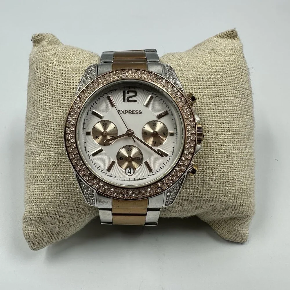 Express Watch Women Rose Gold Silver Tone Crystal Accent Bezel New Battery 6.75